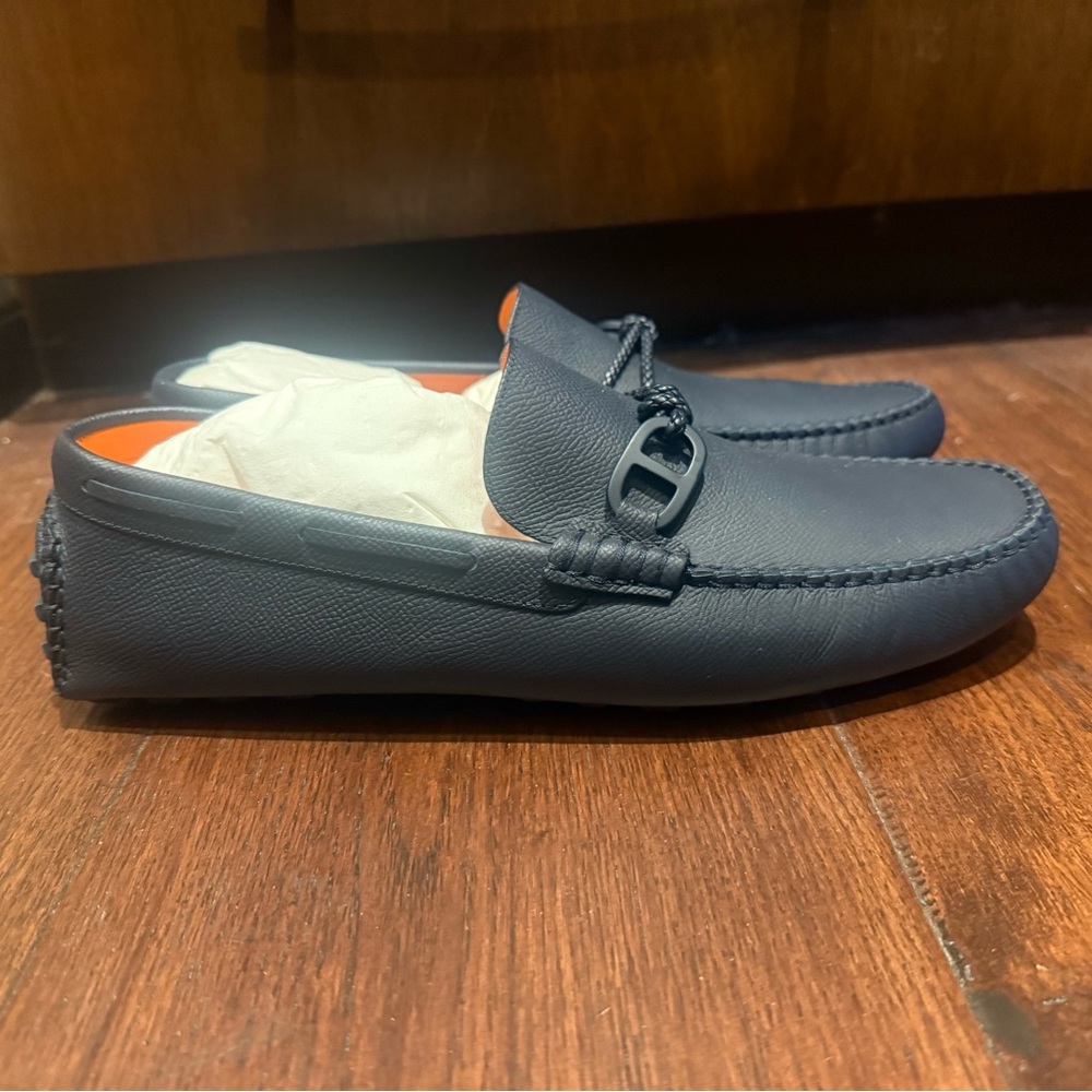 AUTHENTIC MENS HERMES ALLESANDRO LEATHER LOAFERS, SIZE US 9.5, NAVY - Picture 6 of 15